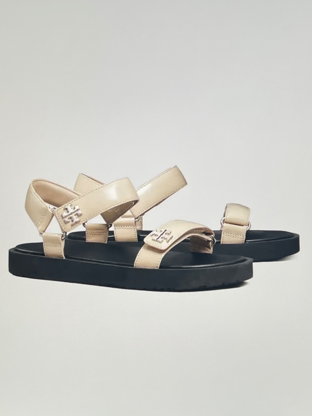TORY BURCH Kira Ankle Strap Sandal Stone Gray Black Silver Size 6 NEW